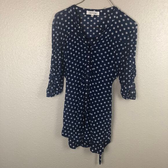 Eden & Olivia Sheer 3/4 Sleeve Dotted Polka Dot Blue & White Button Up Blouse - Picture 2 of 11